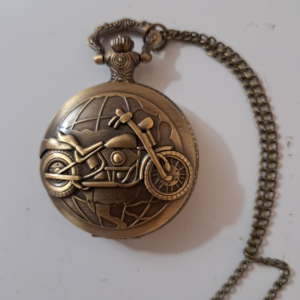 Classic Bronze Pocket Watch with Motorcycle Motif